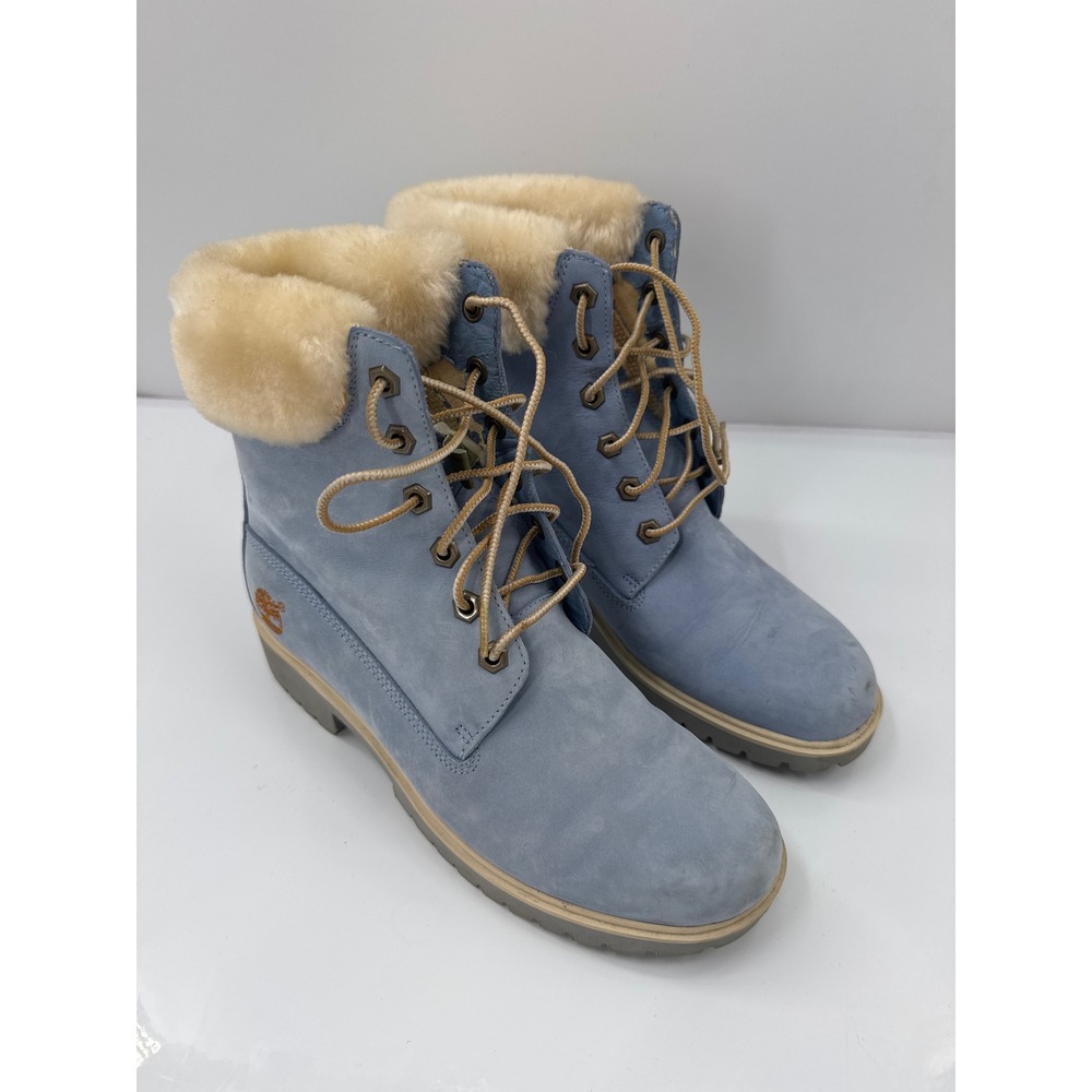 Timberland 6 Inch Premium Light Blue Nubuck Faux Fur Collar Boots 89387 7M
